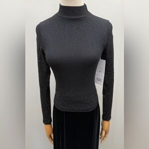 Aura Black Metallic Gold Shimmer Ribbed Turtleneck Top S/M